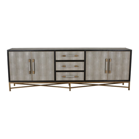 Sideboard with Drawers, Grey Shagreen Patterned Vegan Leather and Oak Wood Frame, Antique-Gold Finished Legs, Adjustable Interior Shelves for Dining Room or Living Room Storage