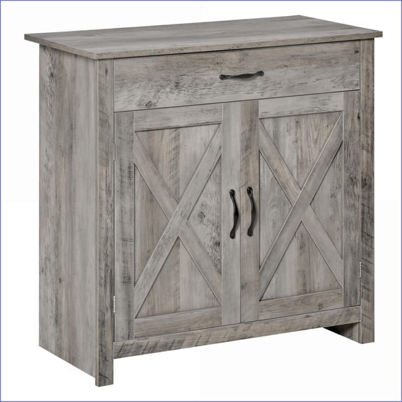 Sideboard Buffet Cabinet | Farmhouse Barn Door Style 32" Gray Wash | Adjustable Shelf | MDF & Particleboard