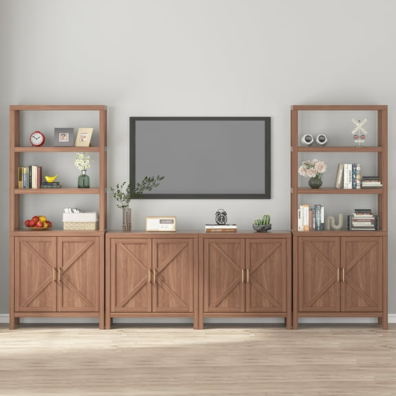 Sideboard, Farmhouse Buffet Cabinet with Storage, X-Shaped Door Kitchen Storage Cabinet with Adjustable Shelves, Wooden Sideboard Cabinet for Hallway, Entry, Living Room, Oak