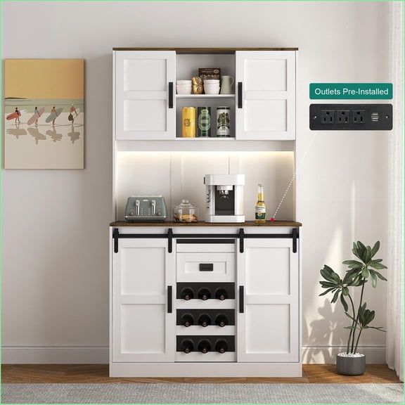 Sideboard, Farmhouse White Bar Cabinet with Sliding Barn Door, Storage | Finished MDF, USB Ports