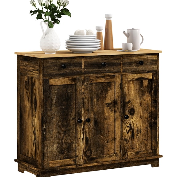 Sideboard For Kitchen Storage - Rustic Brown With 3 Drawers And Adjustable Shelves Cabinet