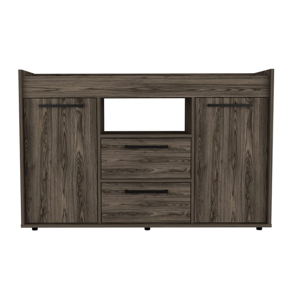 Sideboard For Living Area, Dark Walnut Two-door Cabinet With Open Shelf And Two Drawers, Quality Particle Board, 48.55 In. W X 30.35 H 14.61 D