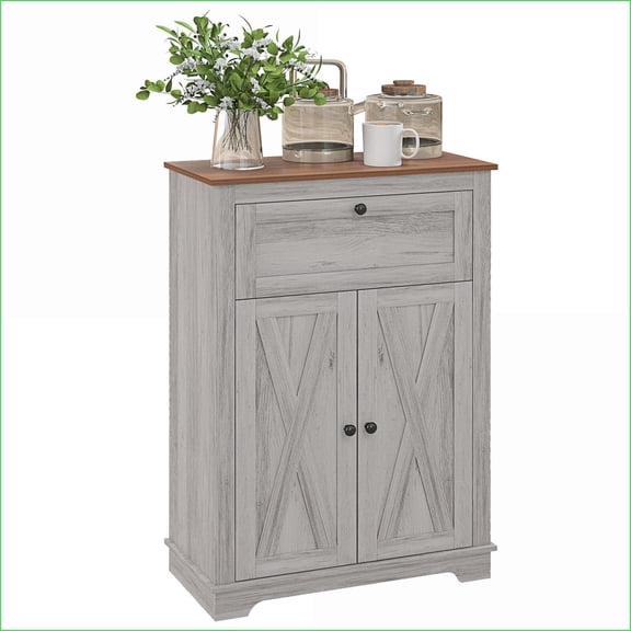 Sideboard, HOMCOM Farmhouse Light Gray Storage Cabinet with Drawer & Adjustable Shelf | Particle Board | Anti-Tipping Design