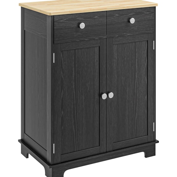 Sideboard In Distressed Black Style - Solid Wood Countertop, 2 Drawers, Doors, Adjustable Shelf For Storage Countertop Black, Home Kitchen
