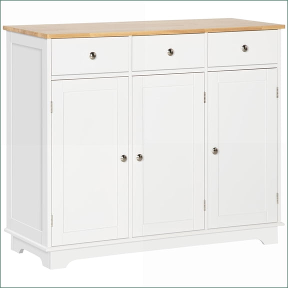 Sideboard, Modern White Storage Cabinet with 3 Drawers, 2 Doors & Adjustable Shelf | Solid Wood Countertop | MDF Frame