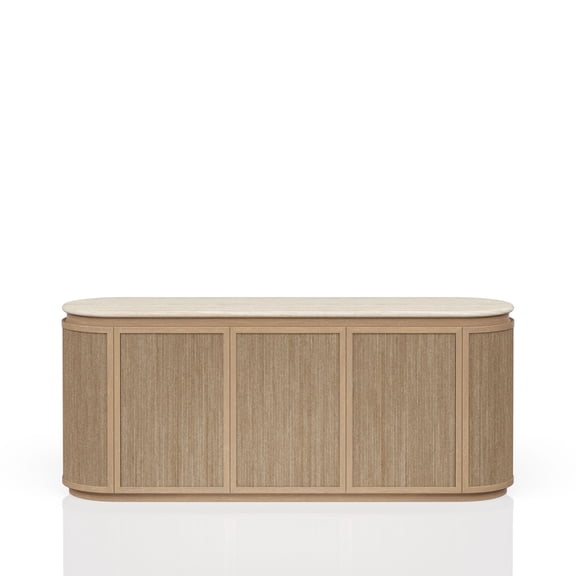 Sideboard Server with Stone Top and Natural Rope Door Fronts, Solid Wood and MDF Frame in Warm Toffee Beige Finish, Soft-Close European Hinges for Dining Room or Kitchen Storage