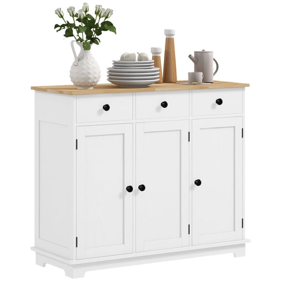 Sideboard with Solid Wood Countertop, Modern Kitchen Storage Cabinet and Coffee Bar with 3 Drawers, Adjustable Shelf and Doors, Distressed White, 39.75" W x 15.75" D x 33.5" H