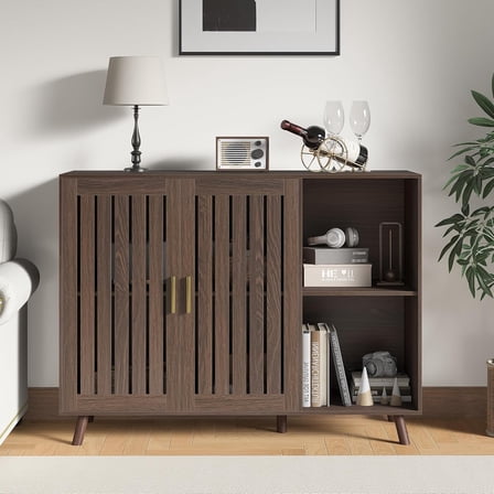 Sideboard Storage Cabinet, 47.2" W Farmhouse Buffet Cabinet with Louvered Doors & Adjustable Shelf, Wood Coffee Bar Storage Station for Kitchen, Dining Room, Living Room, Entryway, Walnut Color