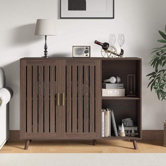 Sideboard Storage Cabinet, 47.2" W Farmhouse Buffet Cabinet with Louvered Doors & Adjustable Shelf, Wood Coffee Bar Storage Station for Kitchen, Dining Room, Living Room, Entryway, Walnut Color