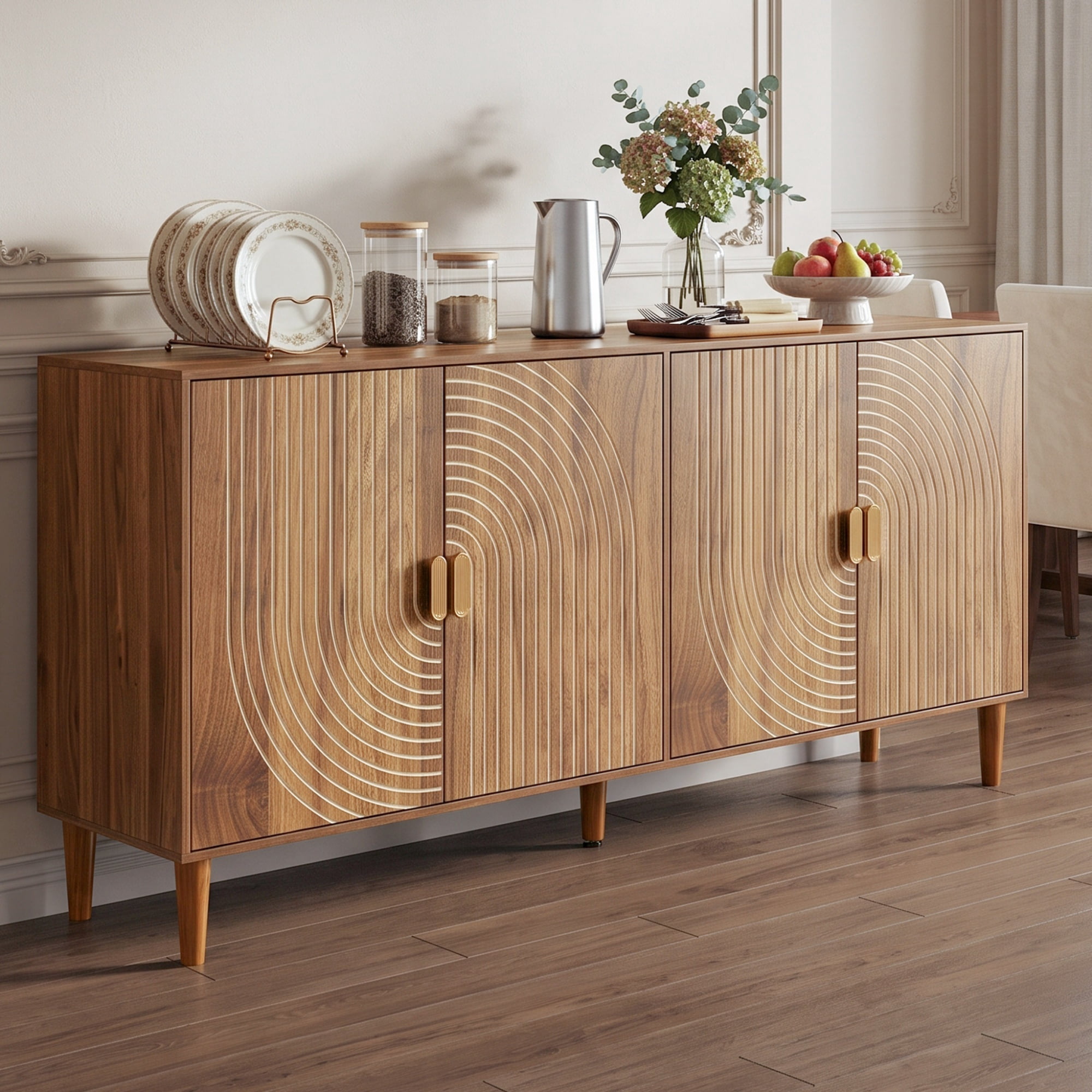 Sideboard Storage Cabinet 62.26 Inch, 4 Door Credenza with Vertical Grooved Detailing for Dining Room Entryway, Walnut