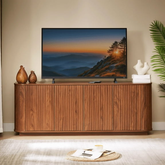64" Sideboard Storage Cabinet with Wave Pattern, Modern TV Stand Buffet with Press-Spring Doors, Walnut Vertical Striped Cabinet for Living Room, Kitchen, Entryway.
