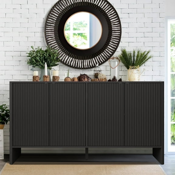 Wirrytor Sideboard Storage Cabinet with Doors and Shelves, Buffet Cabinet with Storage, Credenza Storage Cabinet for Kitchen, Wooden Fluted Cabinet, Under TV Cabinet with Storage - Black