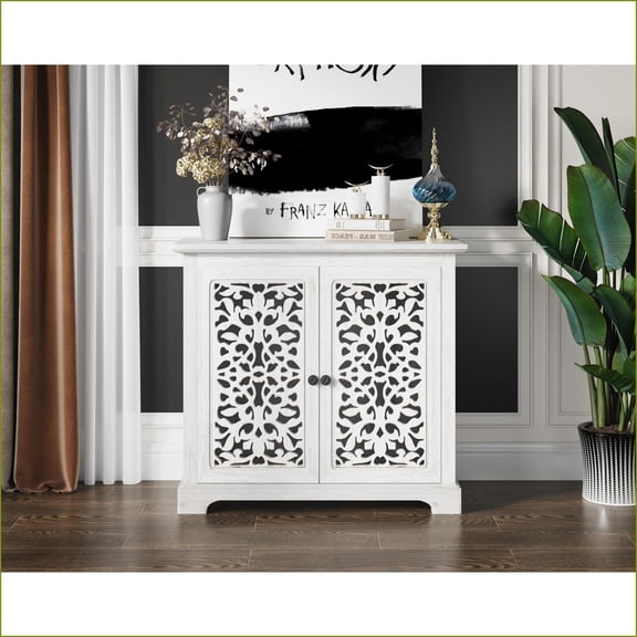 Sideboard Storage Cabinet, Vintage Shabby Chic 2-Carved Door Buffet for Kitchen Dining Living Room | Solid Wood+MDF