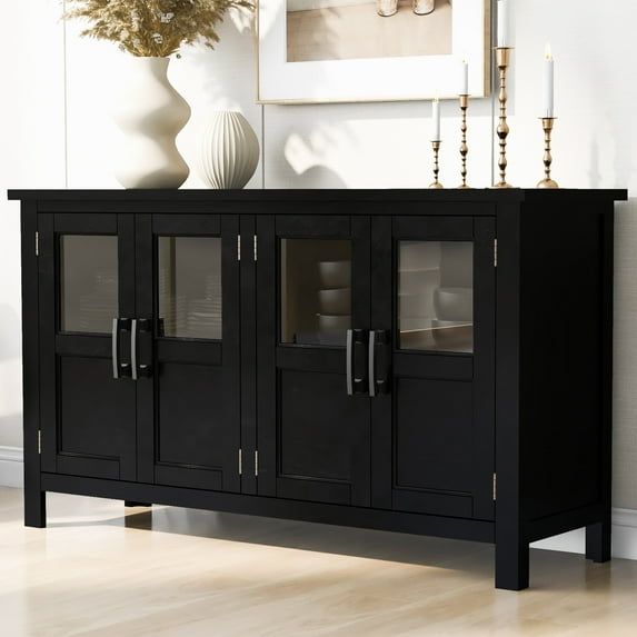 Sideboard Storage Cabinet, Wooden Buffet Cabinet with Storage and 4 Doors, Featured Storage Cabinet with Adjustable Shelf and Metal Handles for Living Room, Dining Room, Entryway, Kitchen, Black