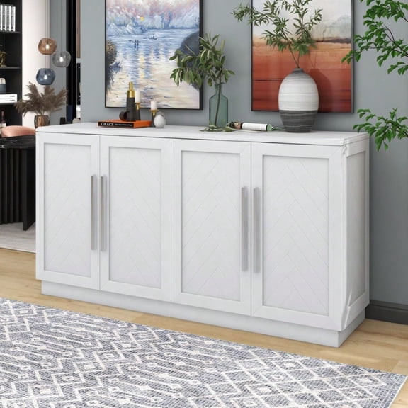 Sideboard With 4 Doors Large Storage Space Buffet Cabinet With Adjustable Shelves And Silver Handles For Kitchen Dining Room Living Room