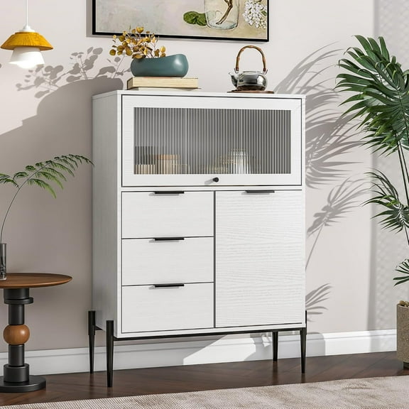 EXRACING Modern Sideboard Cabinet with 3 Drawers, 1 Solid Door & 1 Glass Door, Storage Buffet for Kitchen, Dining Room, Hallway, 33.46" W