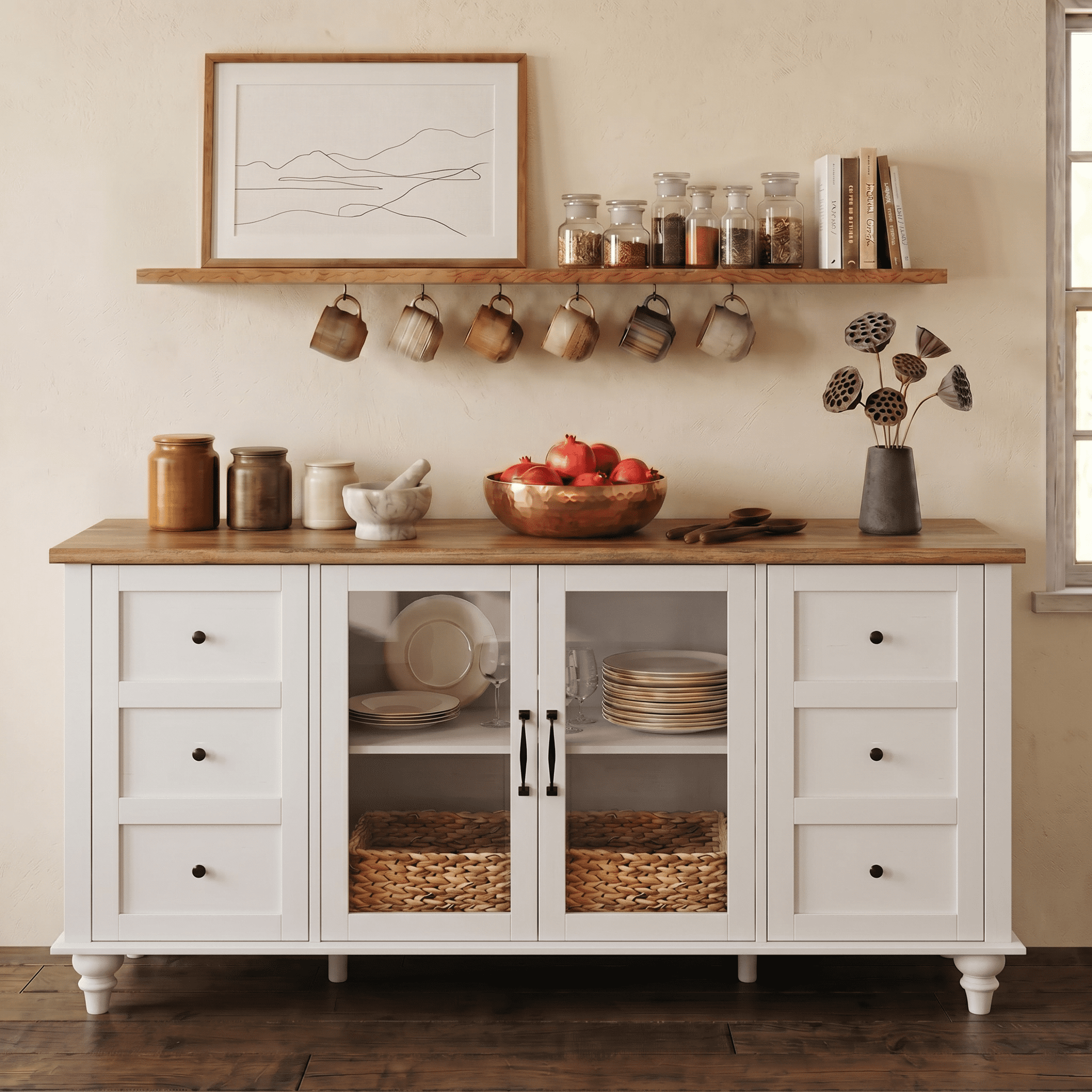Sideboard with Glass Door, Farmhouse Buffet Cabinet with Storage Shelf for Kitchen Dining Room, Off White