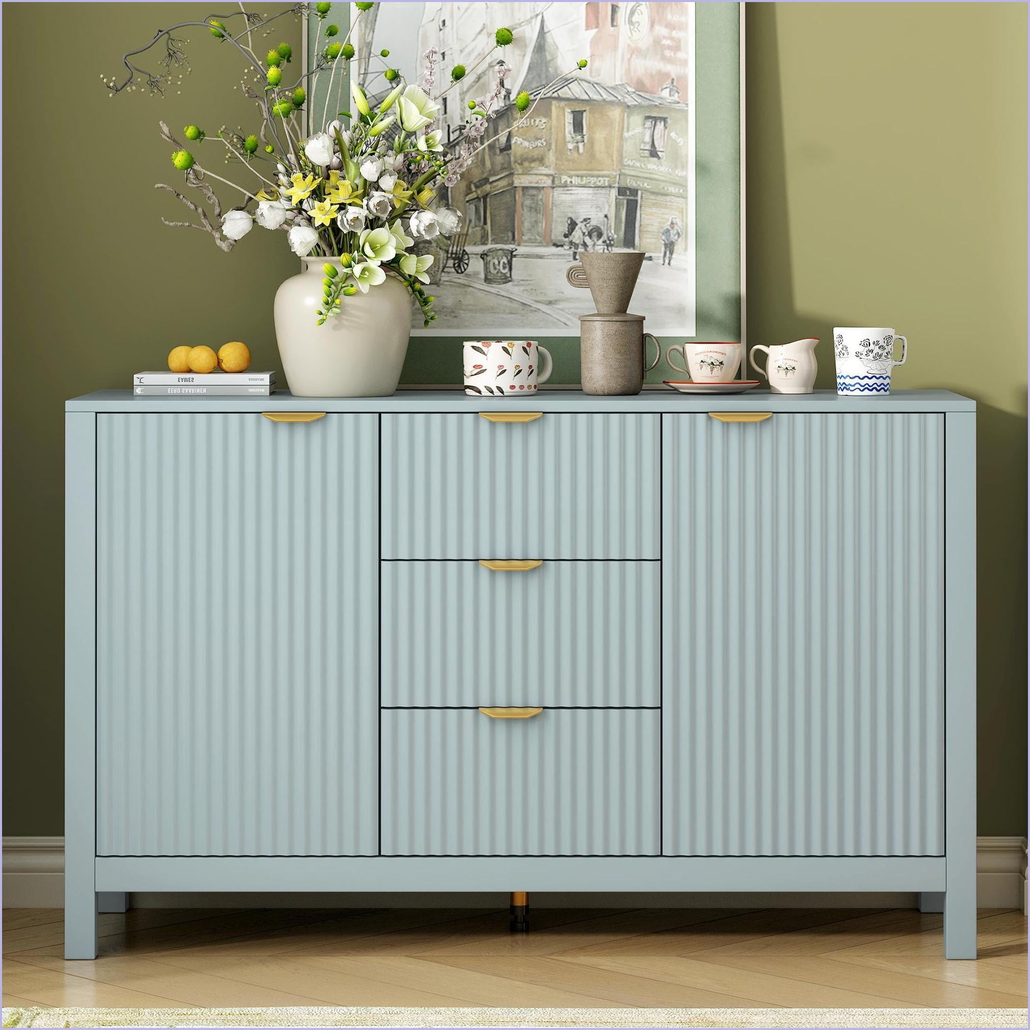 Sideboard with Modern Wave Design – 3 Drawers, 3 Adjustable Shelves ...