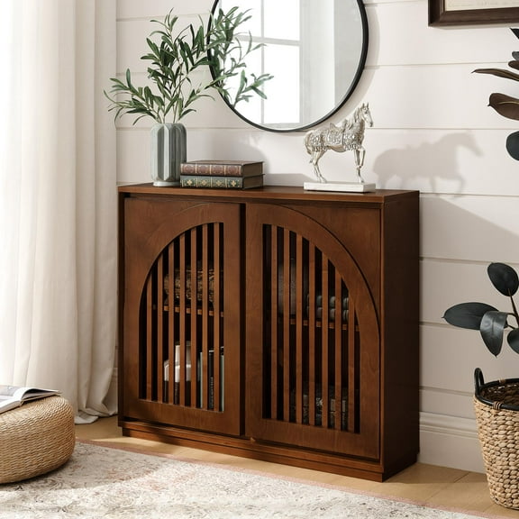 Sideboard with Power Outlets, Fluted BuffetStorage with 2 AC Outlet Holes, Anti-Tip Back, for Coffee Bar, Walnut, 39 Inch W