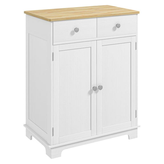 Sideboard with Solid Wood Countertop, Modern Kitchen Cabinet, Coffee Bar Storage, 2 Drawers, Distressed White White + Wood