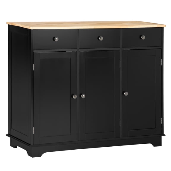 Sideboard with Solid Wood Countertop, Modern Kitchen Storage Cabinet, Coffee Bar Cabinet with 3 Drawers, Doors and Adjustable Shelf, Black