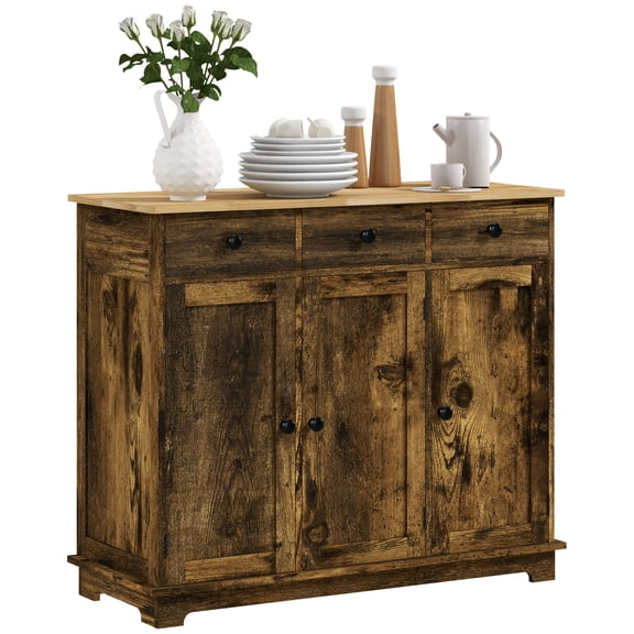 Sideboard with Solid Wood Countertop, Modern Kitchen Storage Cabinet, Coffee Bar Cabinet with 3 Drawers, Doors and Adjustable Shelf, Rustic Brown