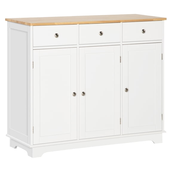 Sideboard with Solid Wood Countertop, Modern Kitchen Storage Cabinet, Coffee Bar Cabinet with 3 Drawers, Doors and Adjustable Shelf, White
