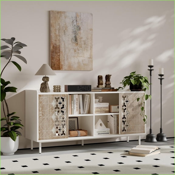 Sideboard with Storage, Rustic Solid Wood Accent Cabinet | TV Stand, Retro Antique | Shelves Included