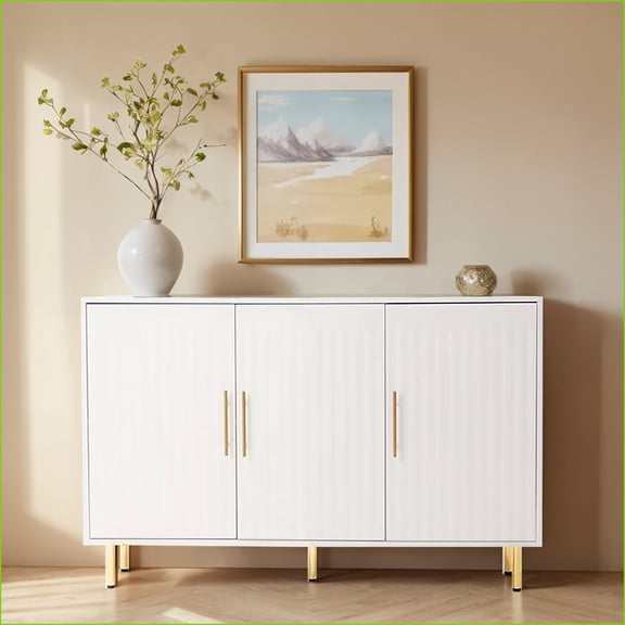 Sideboard, 55 White Modern 3-Door Storage Buffet with Gold Handles | Particle Board+MDF