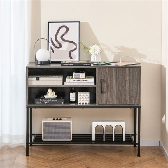Sideboards Buffet Cabinet Gray Charging Station Dual AC Outlets 2USB Ports Wine Rack Storage Kitchen Dining Living Area Entryway Console Table Engineered Wood Metal Frame Anti Tip Magnetic Doors 33In