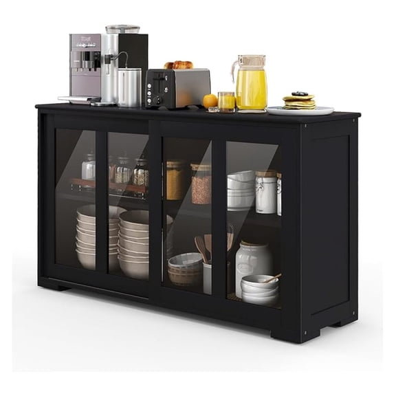 Sideboards Buffet Cabinet, Sliding Tempered Glass Door Coffee Bar, Console Table with Adjustable Shelf, Credenzas for Living Room, Stackable Kitchen Cupboard for Dining Room (Black)
