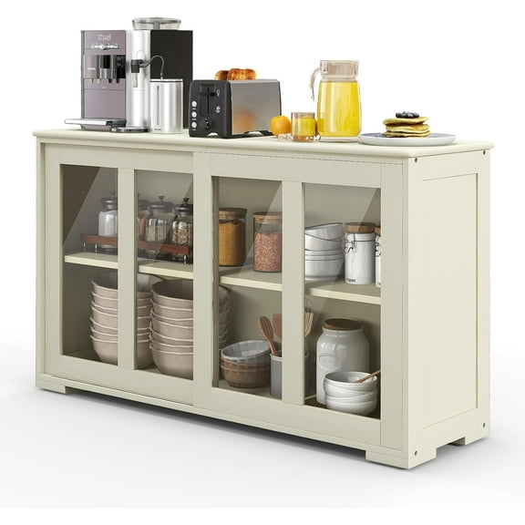 Sideboards Buffet Cabinet, Sliding Tempered Glass Door Coffee Bar, Console Table with Adjustable Shelf, Credenzas for Living Room, Stackable Kitchen Cupboard for Dining Room (White)