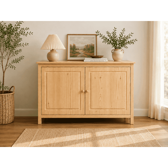 44" Wide Solid Pine Shaker Sideboard Buffet Cabinet — Natural Unfinished — 2 Doors Adjustable Shelf — No Drawer · Anti-Tip Included — Stain-Ready for Dining Room & Kitchen