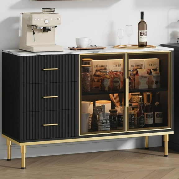 Sideboards Buffets Cabinet with Glass Doors,Fluted Freestanding Buffet Cabinet with Drawers, Marble Top Kitchen Sideboard Cabinet Accent Cabinet for Dining Room,Living Room