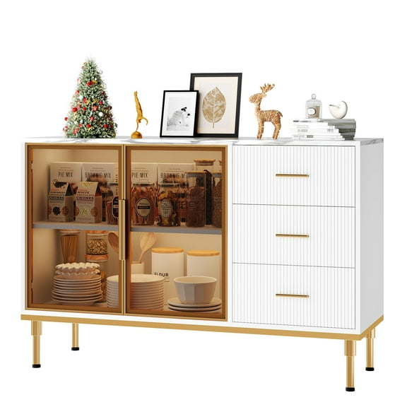 Sideboards Buffets Cabinet with Glass Doors,Fluted Freestanding Buffet Cabinet with Drawers, Marble Top Kitchen Sideboard Cabinet Accent Cabinet for Dining Room,Living Room