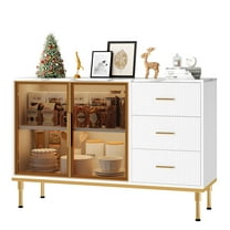 Sideboards Buffets Cabinet with Glass Doors,Fluted Freestanding Buffet Cabinet with Drawers, Marble Top Kitchen Sideboard Cabinet Accent Cabinet for Dining Room,Living Room