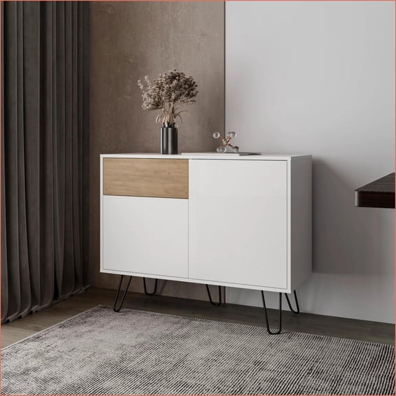 Sideboards Modern Rustic White & Natural Oak with 4 Shelves | 1 Drawer | Particle Board