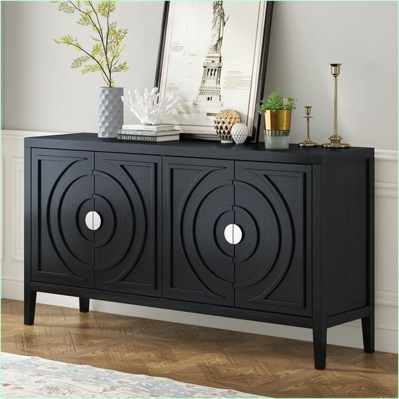 Sideboards Retro Country Style 4-Door Black Sideboard with Adjustable Shelves | MDF Tabletop | Solid Wood Frame