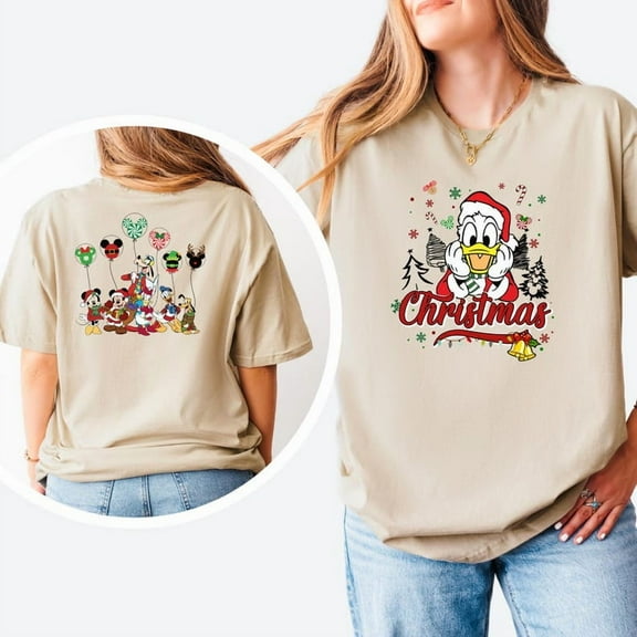 Sided Mickey's Very Merry Christmas Party 2025 Shirt, Disney Santa Mickey And Friends Group Christmas Lights Shirt, Disneyland Xmas Tee ,Sand Color,Size 2XL