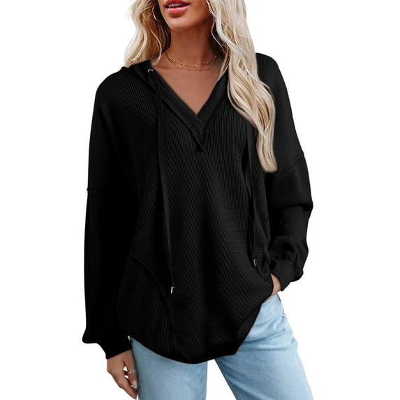 Sidefeel Oversized Sweatshirt for Women 2024 Fall V Neck Solid Color Long Sleeve Shirts Hoodies Baggy Outfits Black XL US16-18
