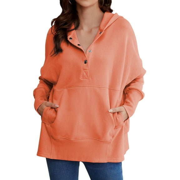 Sidefeel Women Button V Neck Hoodies Casual Oversized Pullover Sweatshirt Henley Hooded Tops with Pockets S-2XL