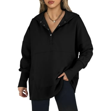 Sidefeel Women Button V Neck Hoodies Casual Oversized Pullover Sweatshirt Henley Hooded Tops with Pockets S-2XL