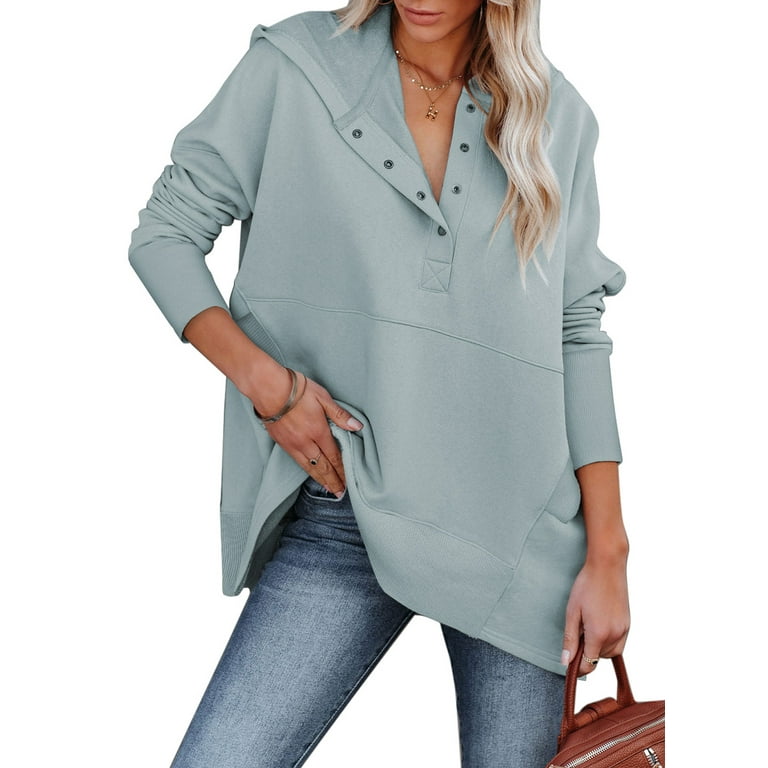 Sidefeel Women Button V Neck Hoodies Casual Oversized Pullover Sweatshirt Henley Hooded Tops with Pockets S 2XL