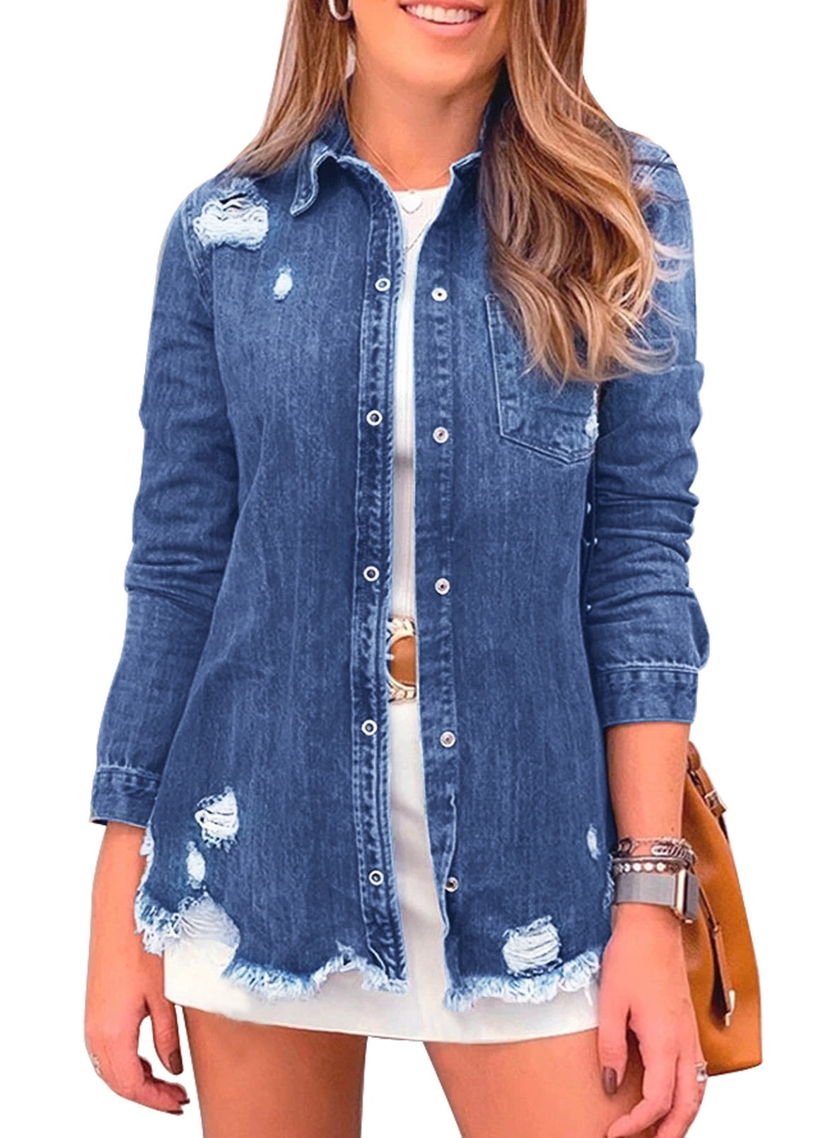 Sidefeel Women Plus Size Classic Denim Jacket Tops Button Down