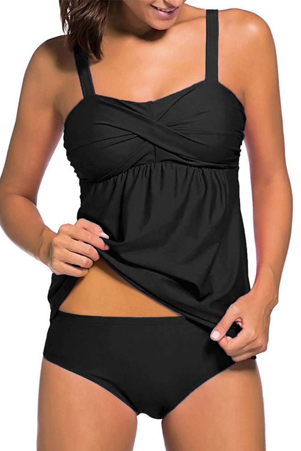 DOKOTOO Women Sexy Ruched Padded Tankini Set Fashion Solid Color Padded Swim Top and Bottoms Bathing Suit Black XL 16-18