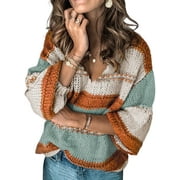 Sidefeel Women Sweater Tops Autumn Winter V-Neck Oversized Colorblock Knitted Pullover Blouses Jumper Tops XL 16-18