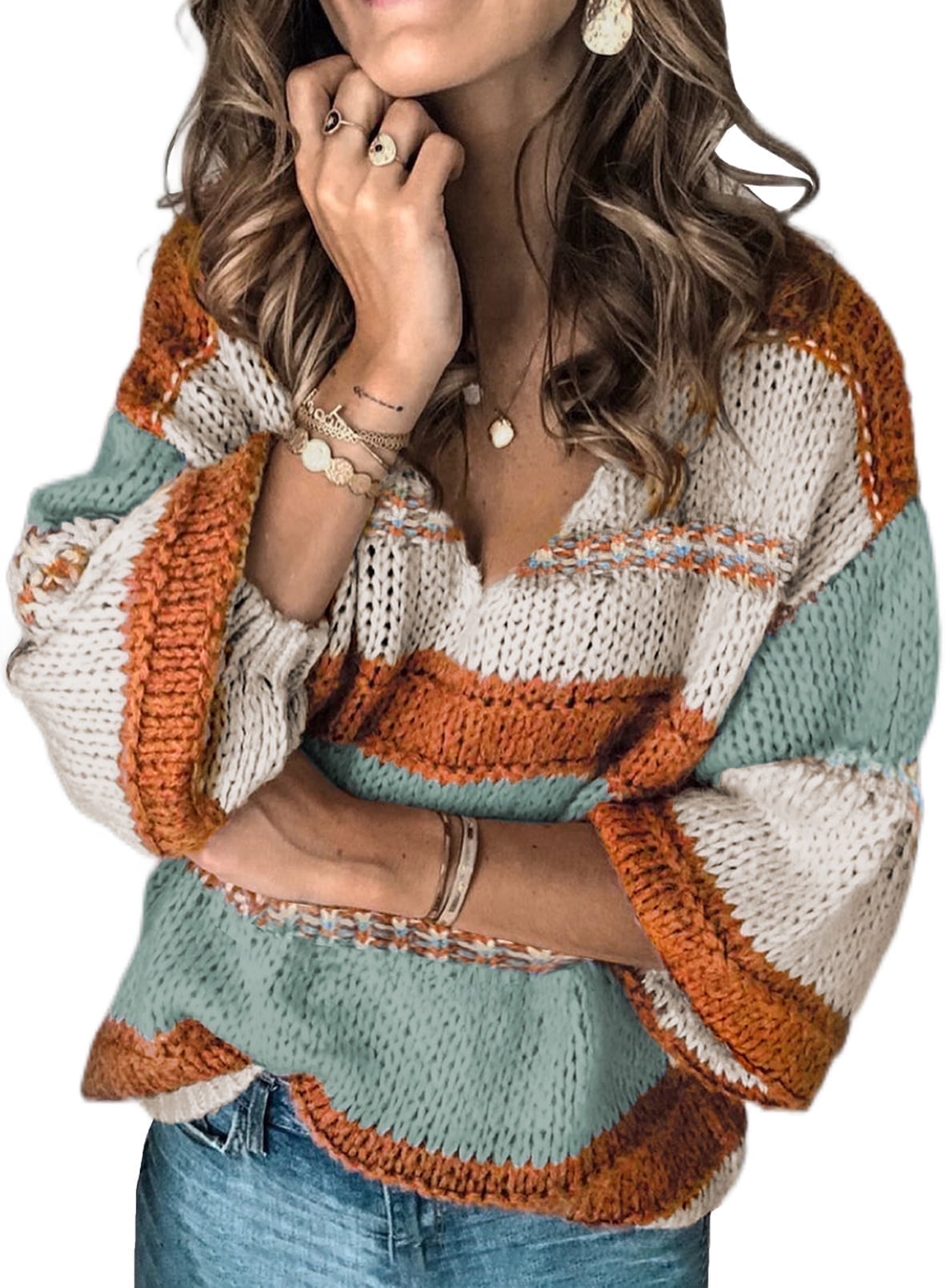 Women Sweater Tops Autumn Winter V-Neck Oversized Colorblock Knitted Pullover Blouses Jumper Tops XL 16-18