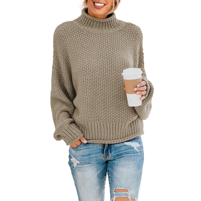 Oversized Turtleneck Sweater For Women - Chunky Knit Batwing Sleeve Pullover For Winter