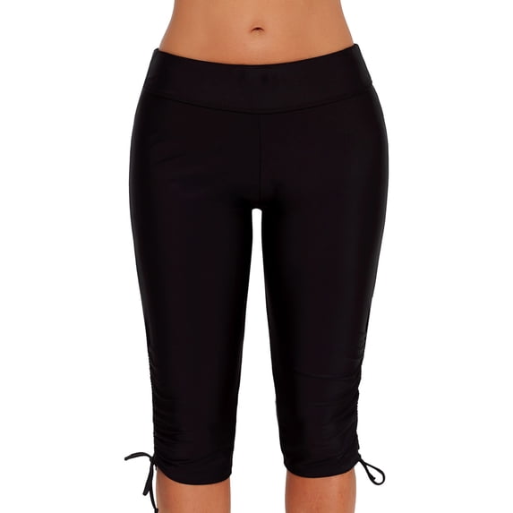 Sidefeel Women's Plus Size Long Swim Shorts High Waist Drawstring Side Tie Solid Boardshorts Quick Dry Sport Swim Bottoms Black 3XL 22-24