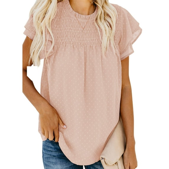 Sidefeel Womens Crewneck Lace Crochet Chiffon Tops Swiss Dot Ruffled Short Sleeve Casual Shirts Flowy Blouses Tops